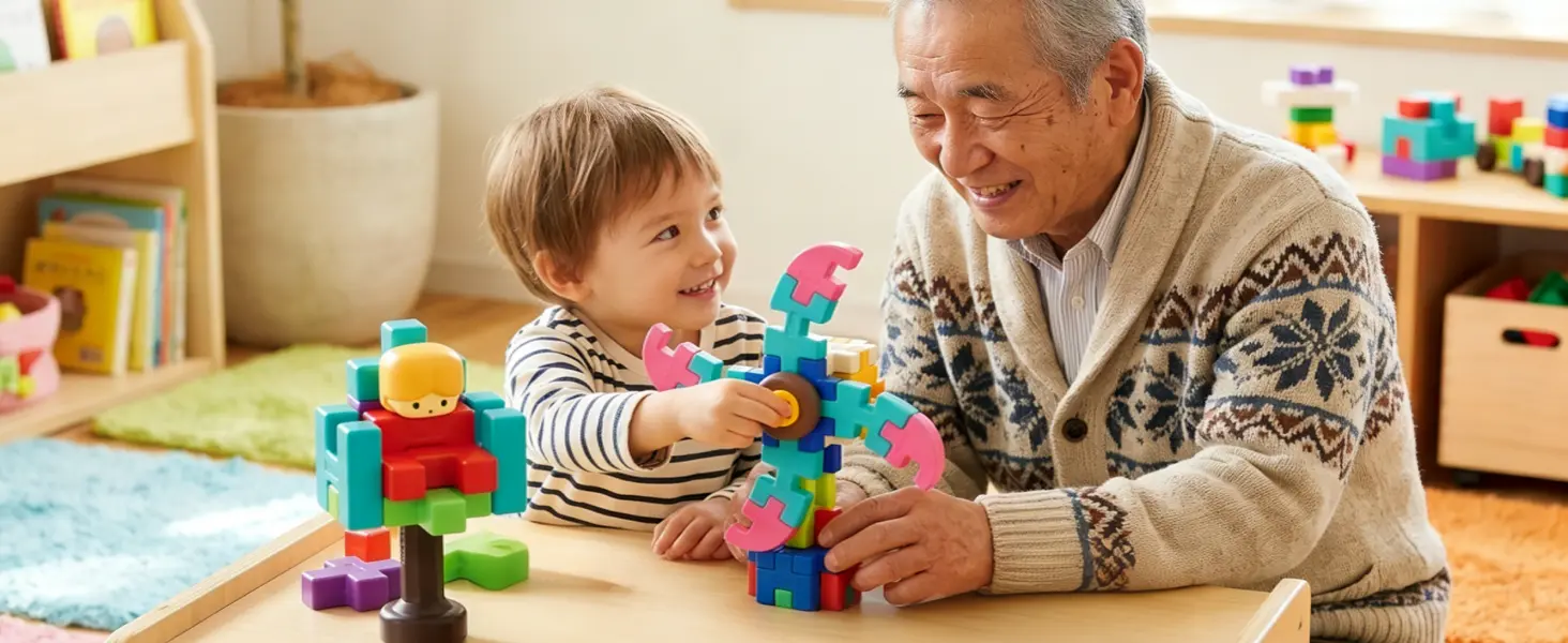 Grandparent and grandchild playing with SUPUZZ rainbow building blocks