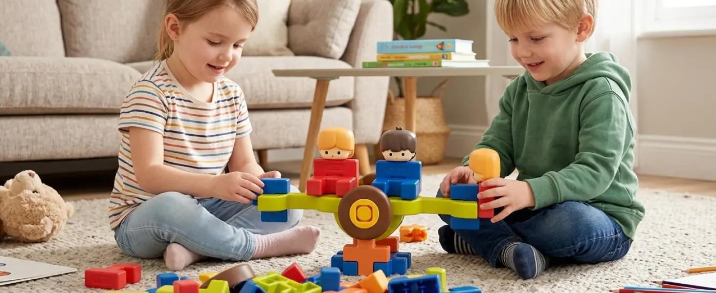 Brother and sister playing with SUPUZZ Premium Rainbow waffle-style building blocks