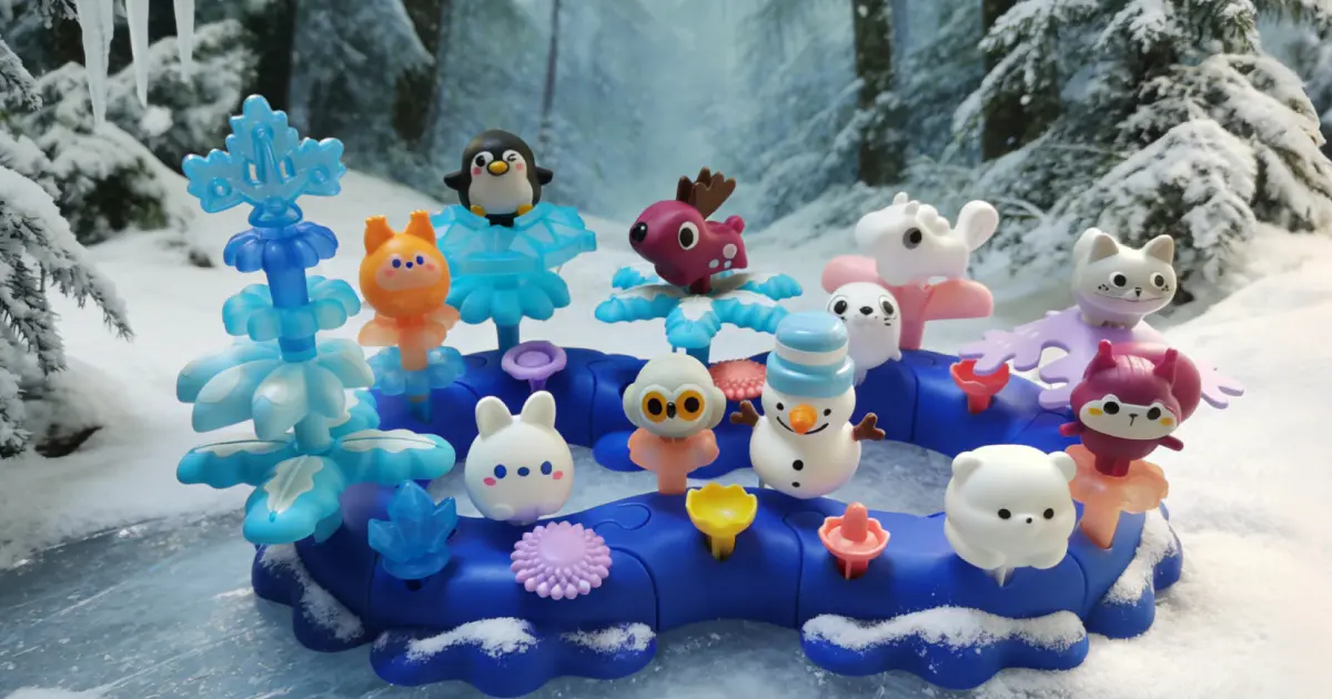 SUPUZZ Funny Snow World DIY Toys collection showing all 11 Arctic animals: penguin, moose, seal, white horse, fox, squirrel, polar bear, snowman, owl, white rabbit, ermine