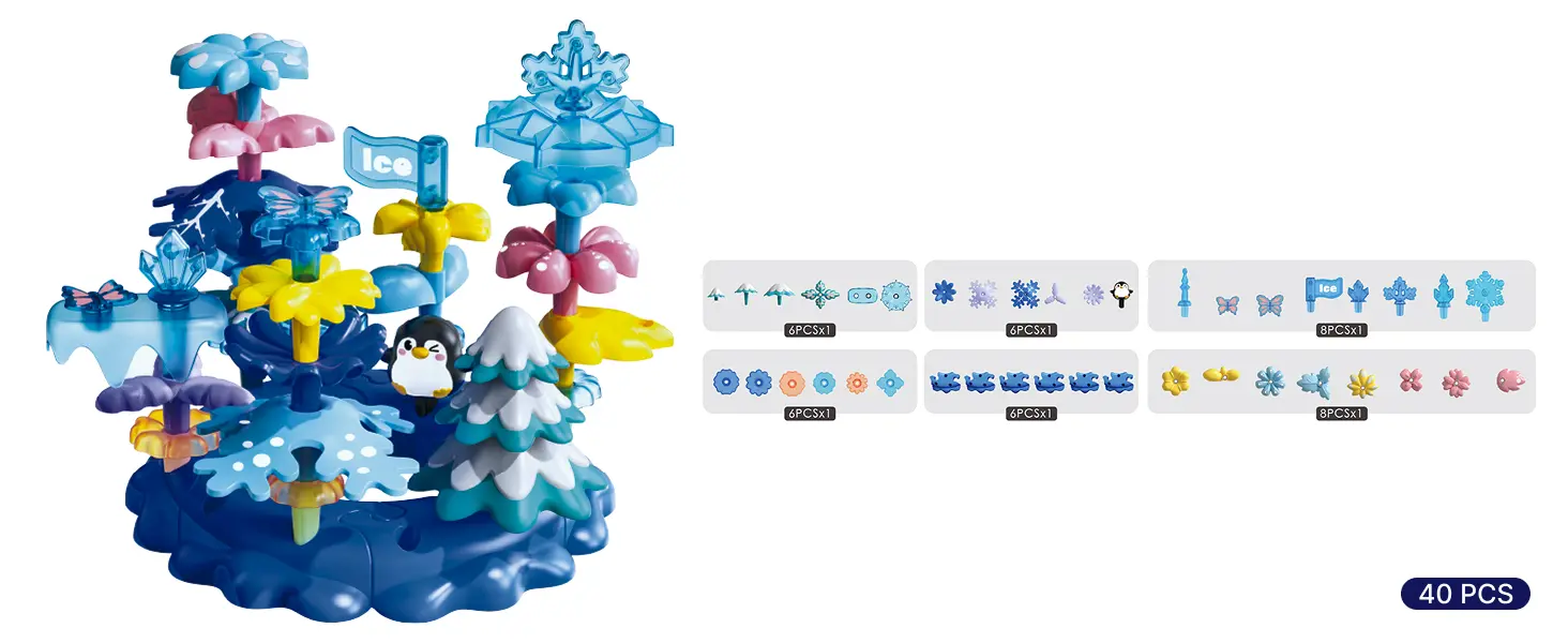 SUPUZZ Funny Snow World L1 DIY Toys starter set (42PC) with basic blocks, 6PC base plate, and penguin animal figure in colorful gift box
