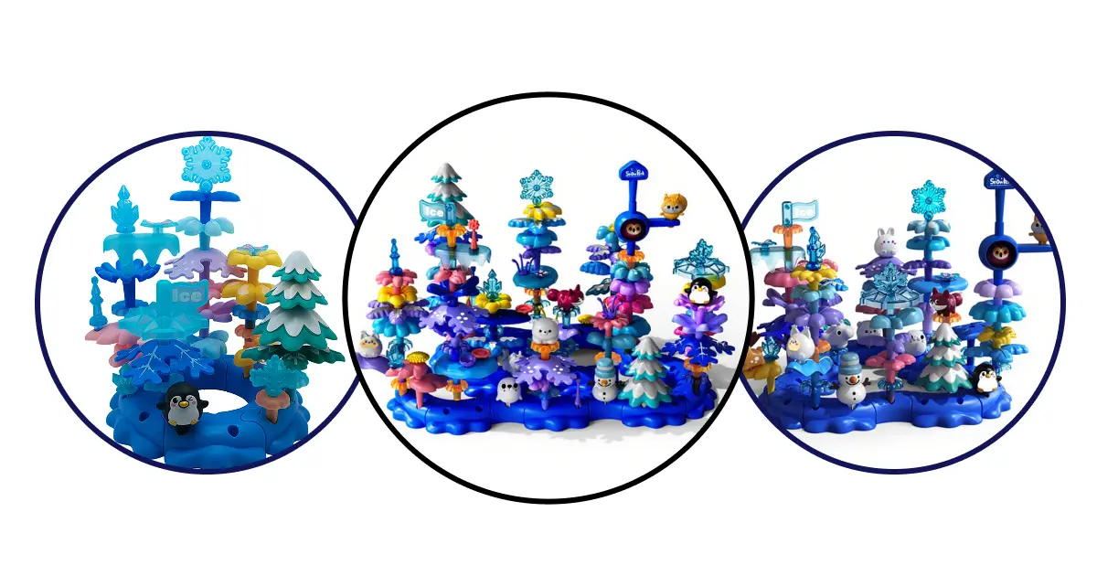 SUPUZZ Funny Snow World DIY Toys L1, L2, and L3 building sets side by side comparison showing different piece counts (42PC/79PC/136PC) and features