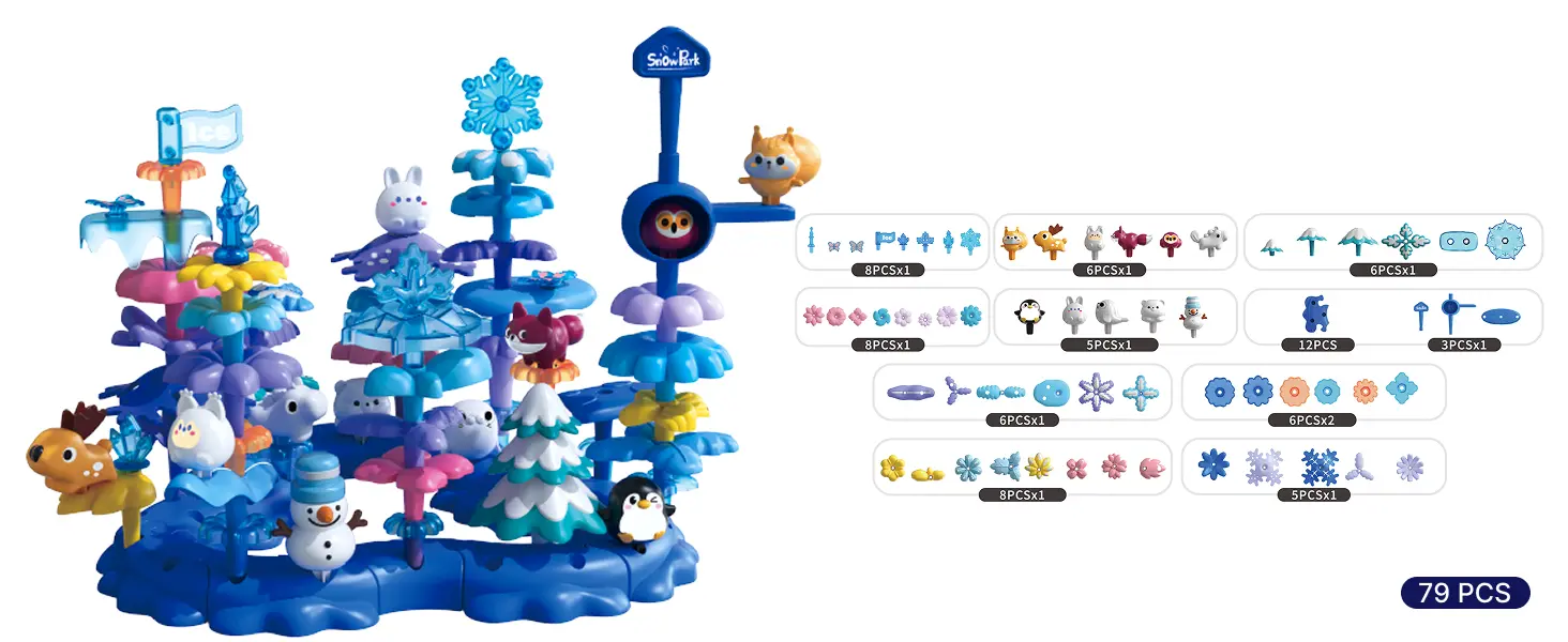 SUPUZZ Funny Snow World L2 DIY Toys advanced set (79PC) with 11 animal figures, 12PC base plate, varied blocks, and storage bucket