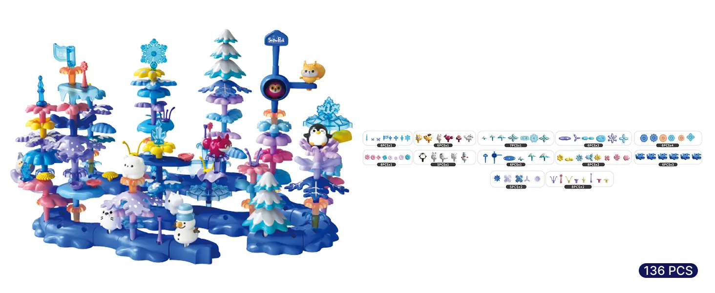 SUPUZZ Funny Snow World L3 DIY Toys premium master set (136PC) with 11 animal figures, 18PC extra-large base plate, advanced blocks, and premium storage bucket