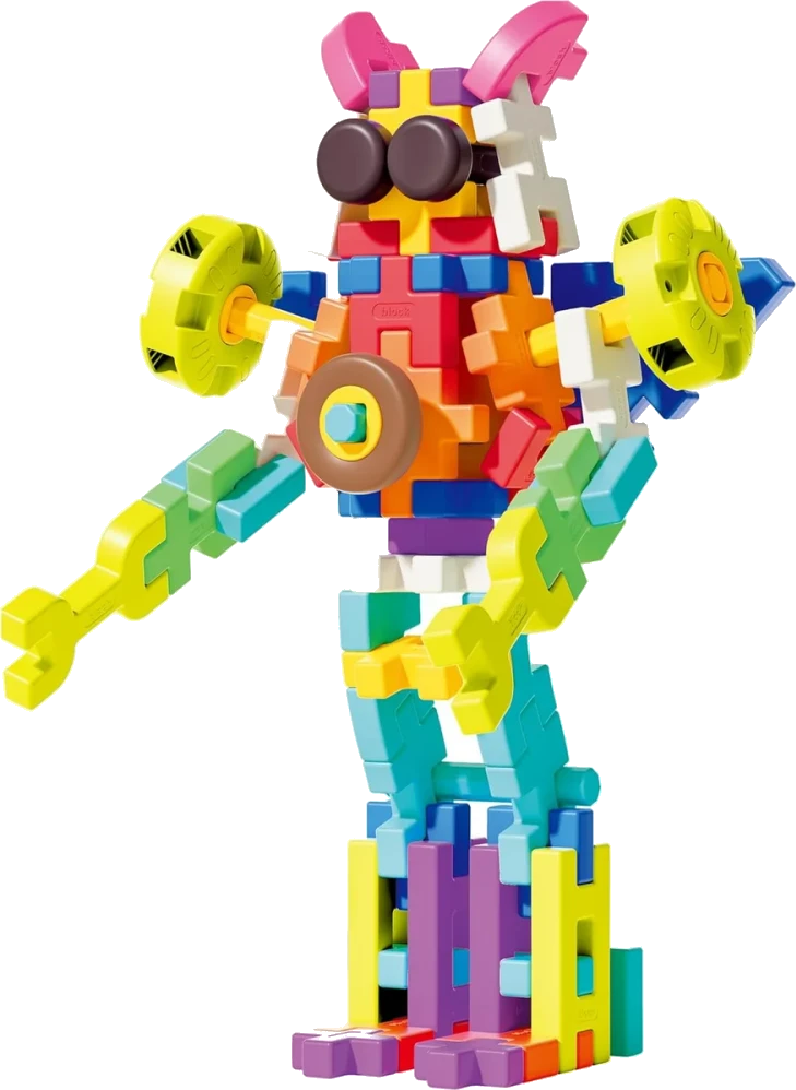 A robot built with SUPUZZ colorful waffle-style blocks