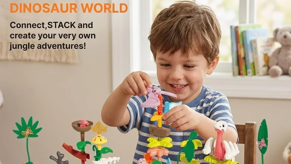 A child building a SUPUZZ dinosaur jungle with colorful trees and dinosaur pieces