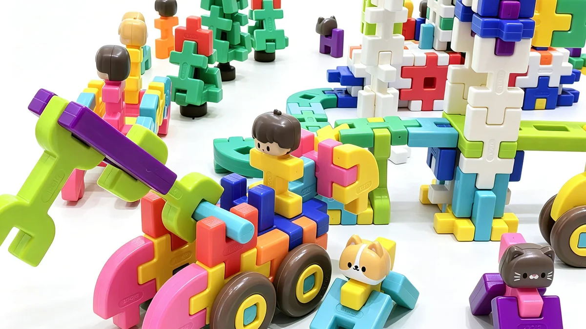 Waffle-style blocks supporting toddler STEM learning — cognitive development