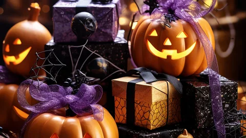 Glowing jack-o-lanterns, purple bows and black-and-gold Halloween gifts