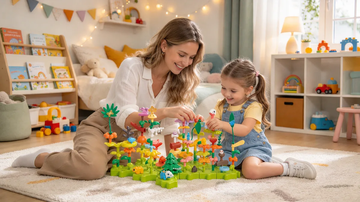 Eine Mutter und ihre Tochter bauen gemeinsam einen bunten Garten aus Bausteinen