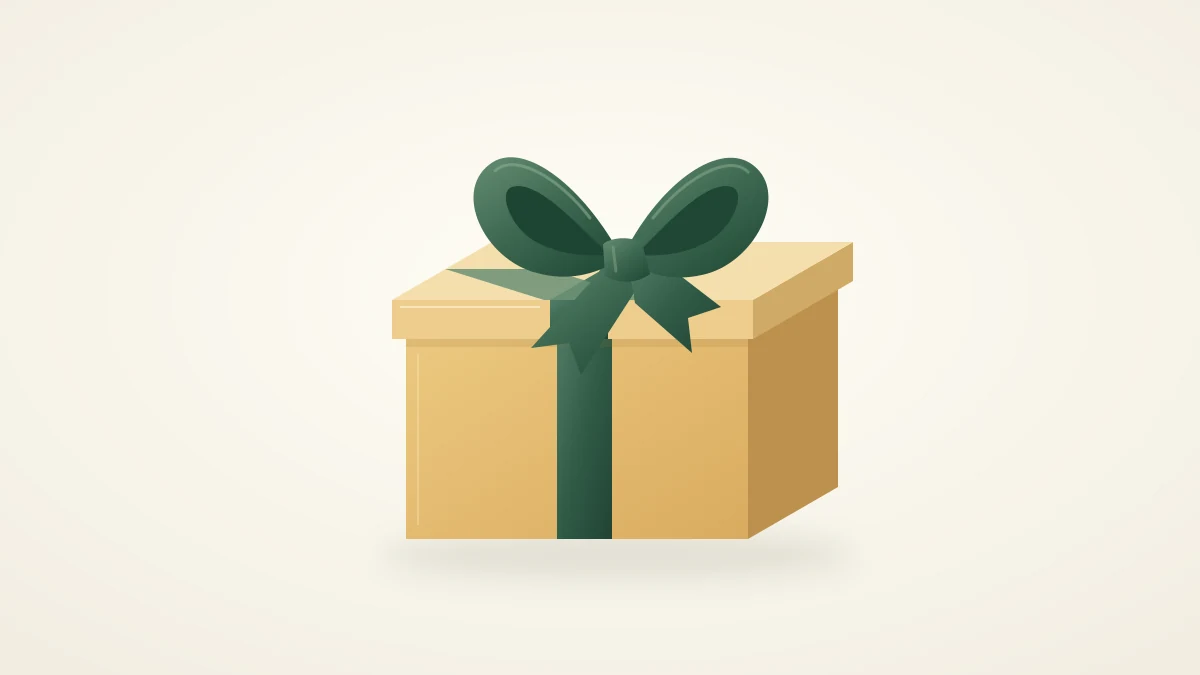 Illustration of a golden gift box with a green ribbon on a cream background