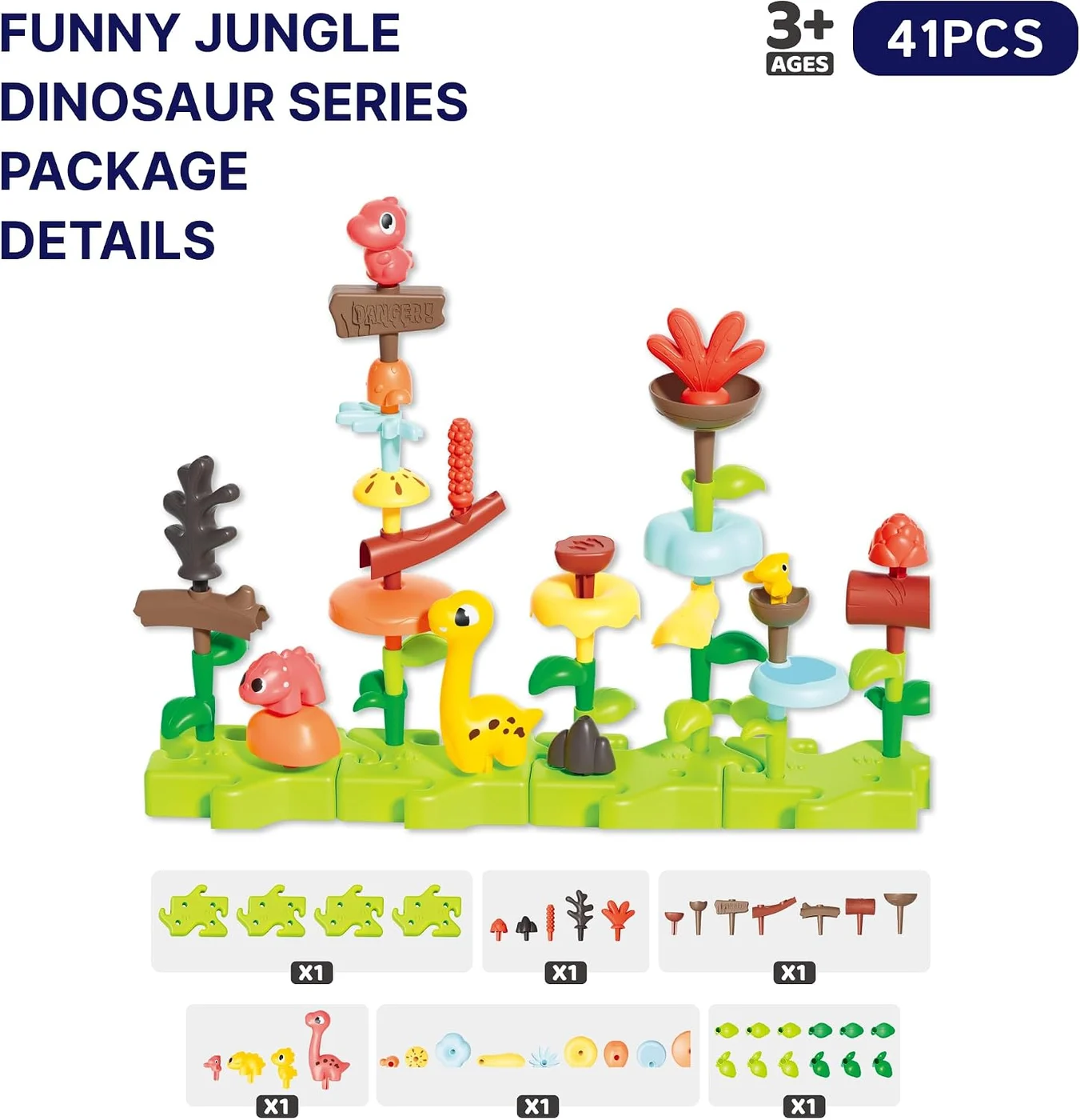 Package contents for the 41-piece SUPUZZ Dinosaur Jungle L1 set