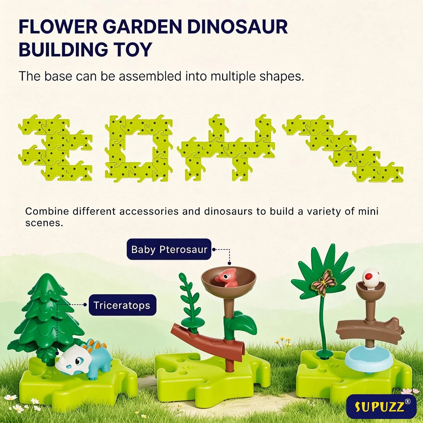Dinosaur-series illustration showing puzzle base layouts and example habitats