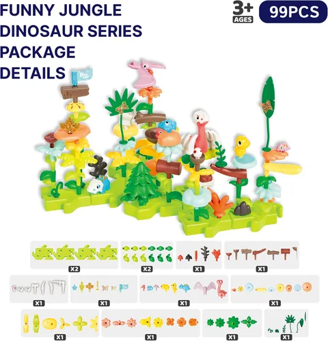 Package contents for the 99-piece SUPUZZ Dinosaur Jungle L2 set