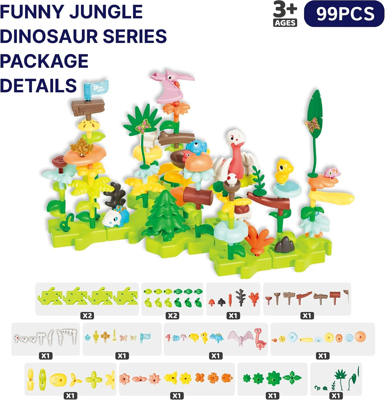 Package contents for the 99-piece SUPUZZ Dinosaur Jungle L2 set