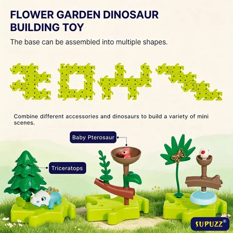 Dinosaur-series illustration showing puzzle base layouts and example habitats