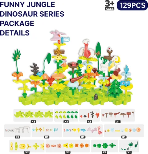 Package contents for the 129-piece SUPUZZ Dinosaur Jungle L3 set