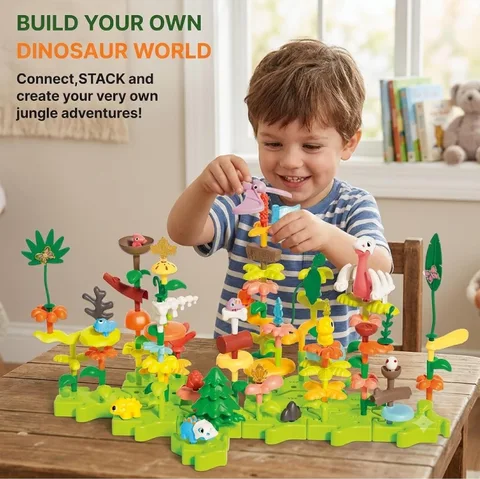 Child playing with a SUPUZZ dinosaur-series scene; set contents vary