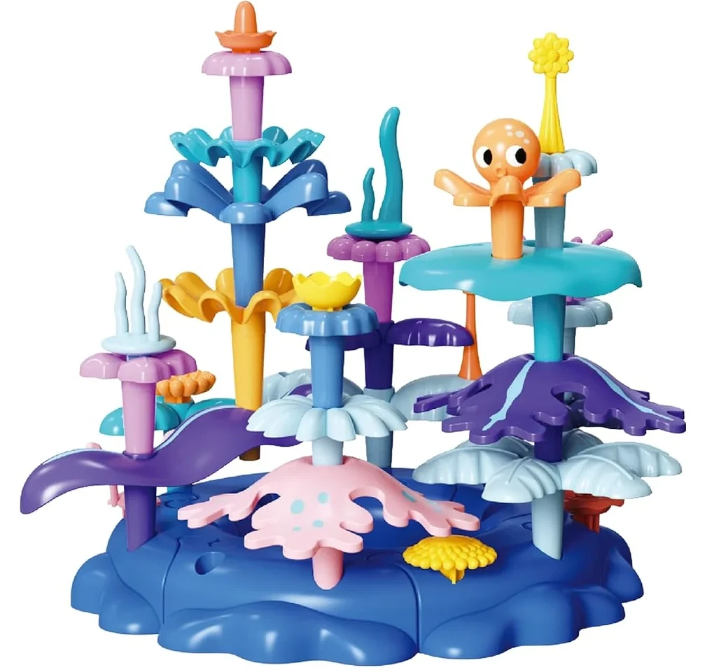 Complete 38-piece Coral Reef L1 build with octopus, cropped from its package-content image