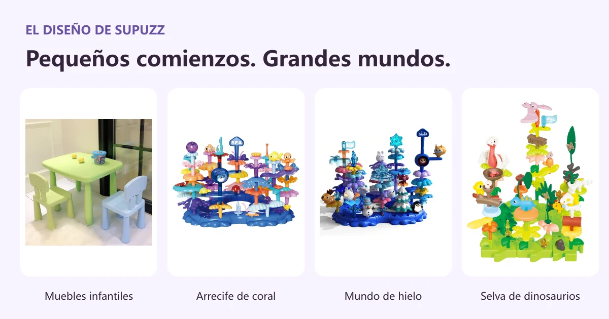 Ejemplos de muebles infantiles SUPUZZ y de los juegos Coral Reef, Icy World y Dinosaur Jungle