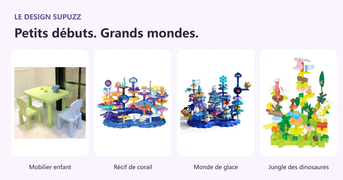 Exemples de mobilier pour enfants SUPUZZ et des jeux Coral Reef, Icy World et Dinosaur Jungle