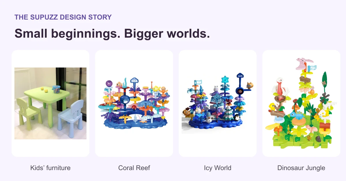 SUPUZZ children’s furniture, Coral Reef, Icy World and Dinosaur Jungle product examples