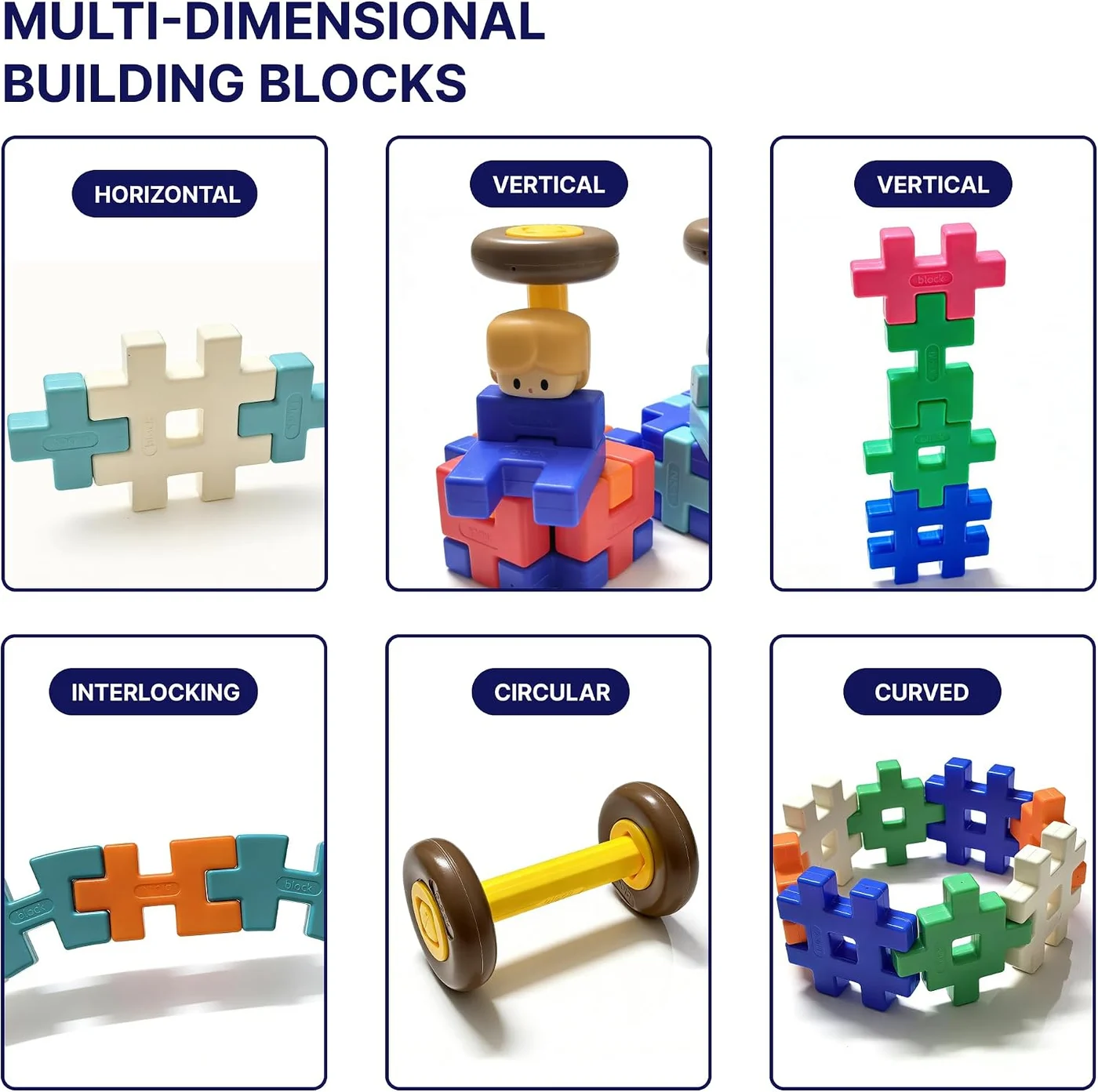 Examples of horizontal, vertical, circular and curved block connections