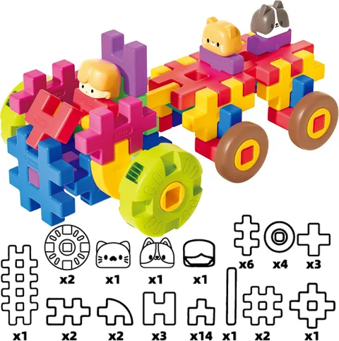 A wheeled block vehicle with figures and a building guide