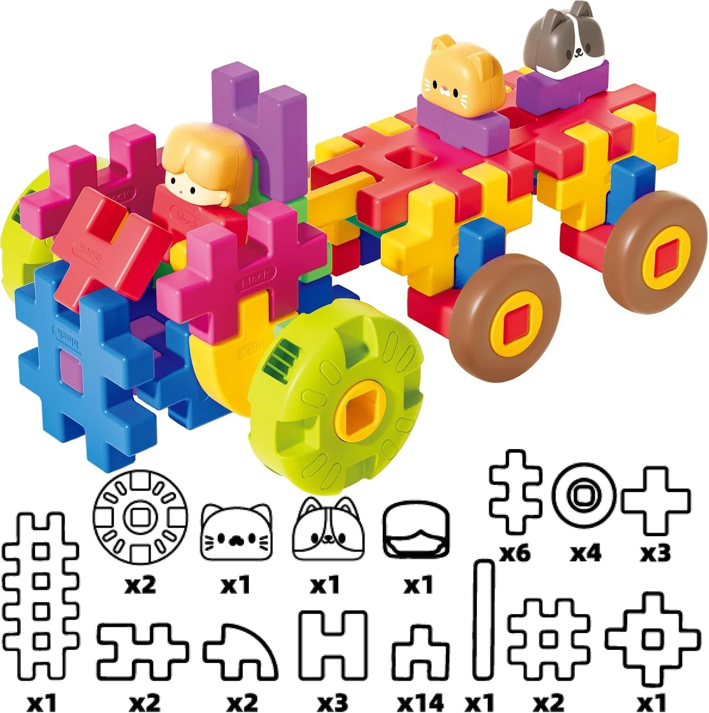 A wheeled block vehicle with figures and a building guide