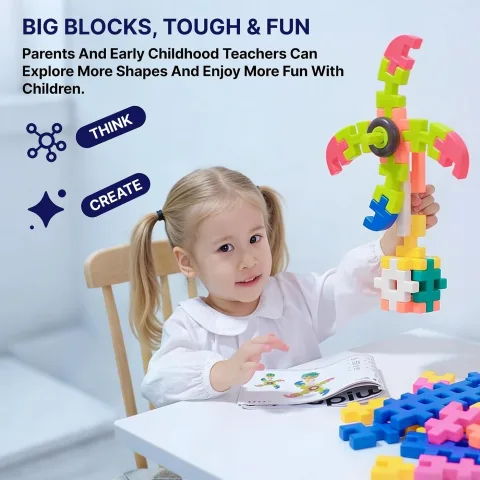 Child building with SUPUZZ waffle blocks; shared series play example