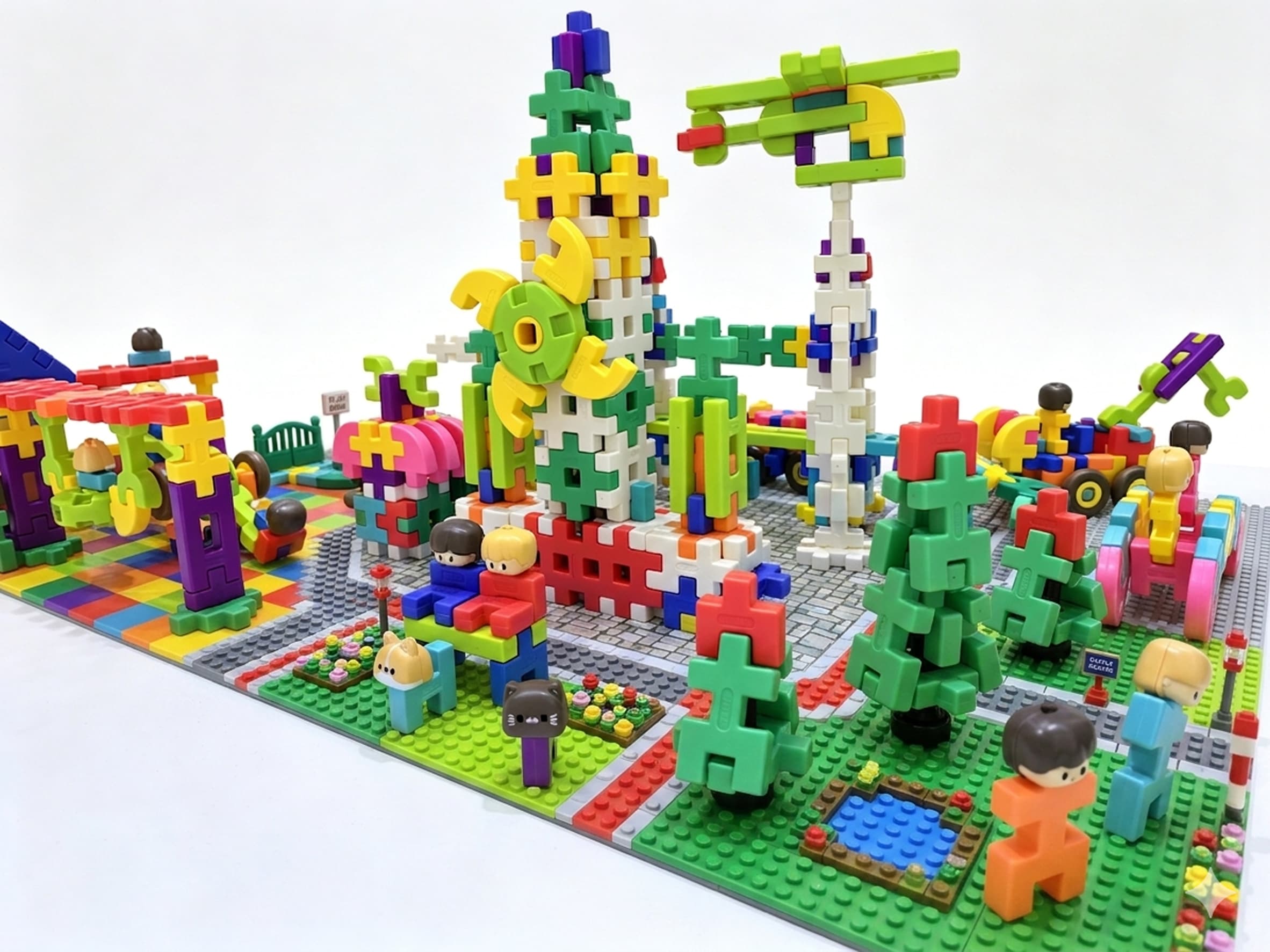SUPUZZ waffle blocks amusement park scene with windmill, playground, and figures